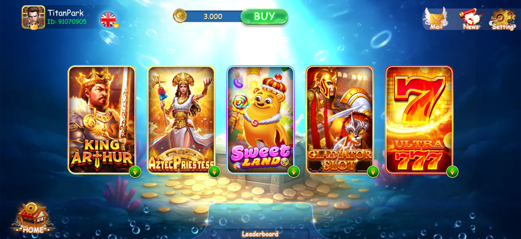 The main lobby of Mega Win X Slots showing five different themed slot machines including King Arthur and Ultra 777