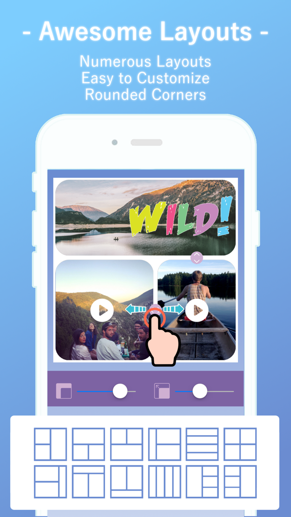 Uma interface móvel mostrando vários layouts de colagem e ferramentas de edição de fotos para criação de conteúdo em redes sociais.