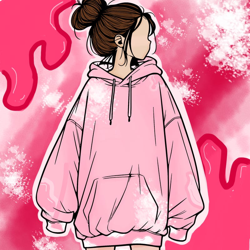 realistic girl with a oversized sweatshirt on and a bun