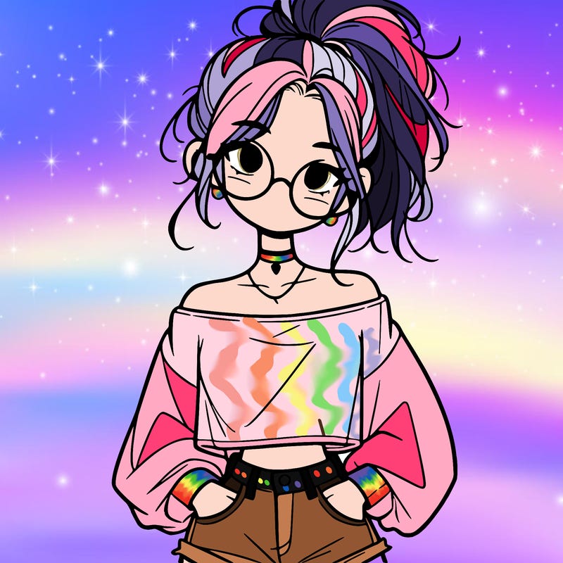 girl with a messy ponytail glasses a baggy crop top and jean shorts