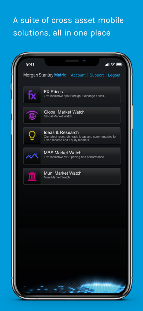 Morgan Stanley Matrix mobile app dashboard featuring FX Prices and Market Watch tools for institutional investors