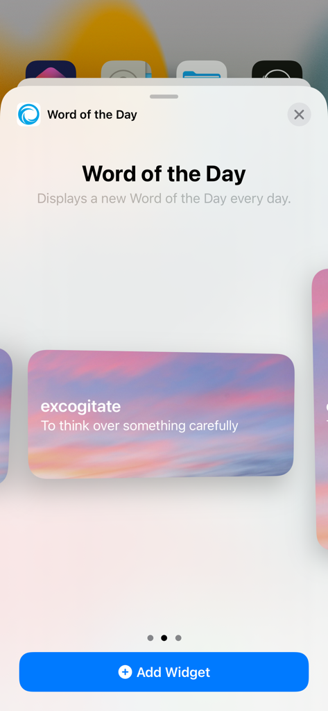 Word of the Day ‎ - Prévia do widget do Palavra do Dia para iOS mostrando a palavra 'excogitate' com definição