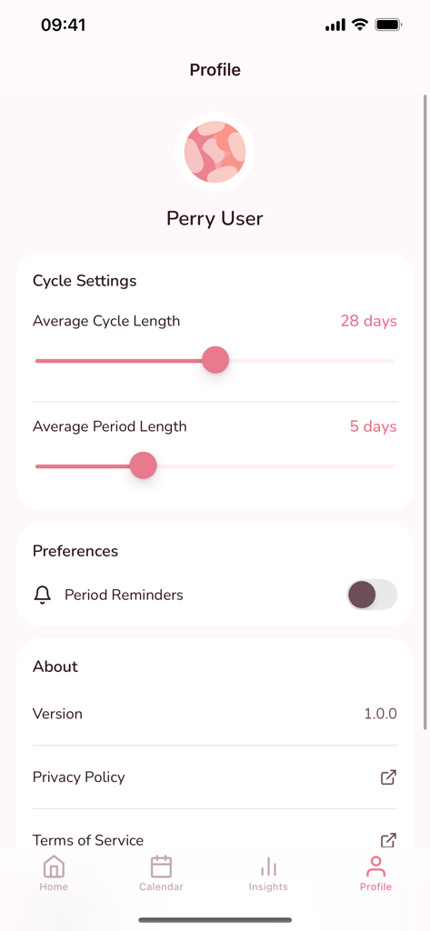 Period & Cycle Tracker - Perry - Profile screen of the Perry period tracker app showing cycle length and period duration settings.
