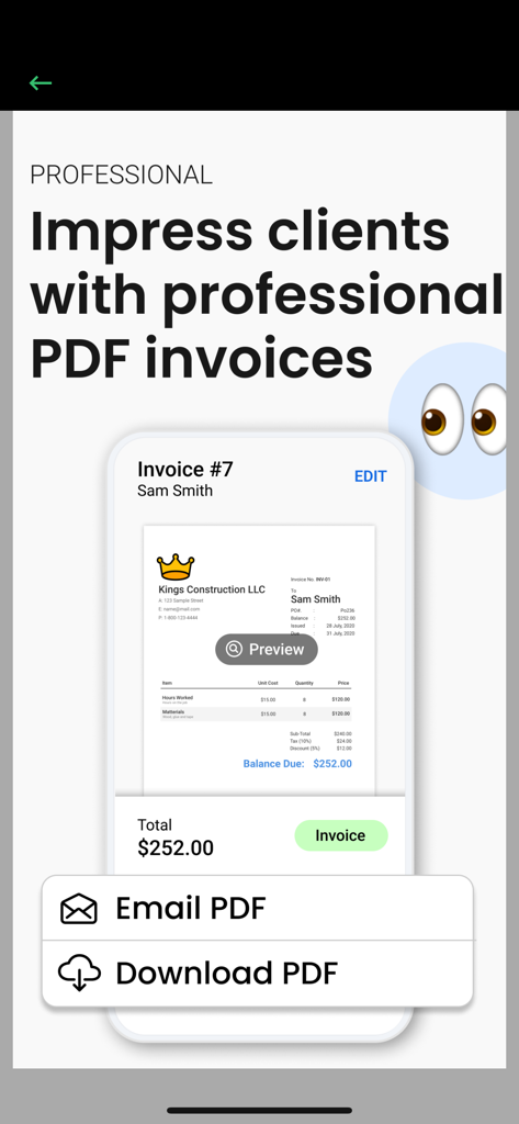 Invoiceto : Invoice Generator - Mobile app screen showing a professional PDF invoice preview with options to email or download