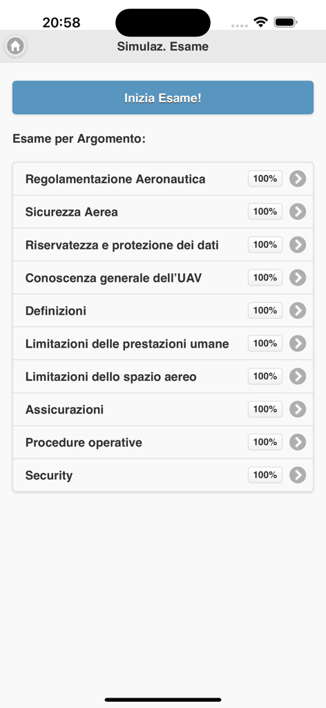 Quiz Droni A1-A3 - Schermata dell'app mobile che mostra un elenco di argomenti dell'esame droni EASA e punteggi dei progressi per la certificazione pilota.
