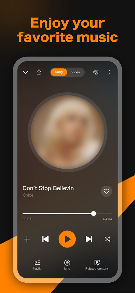 Music X app music player interface showing song details and playback controls in dark mode