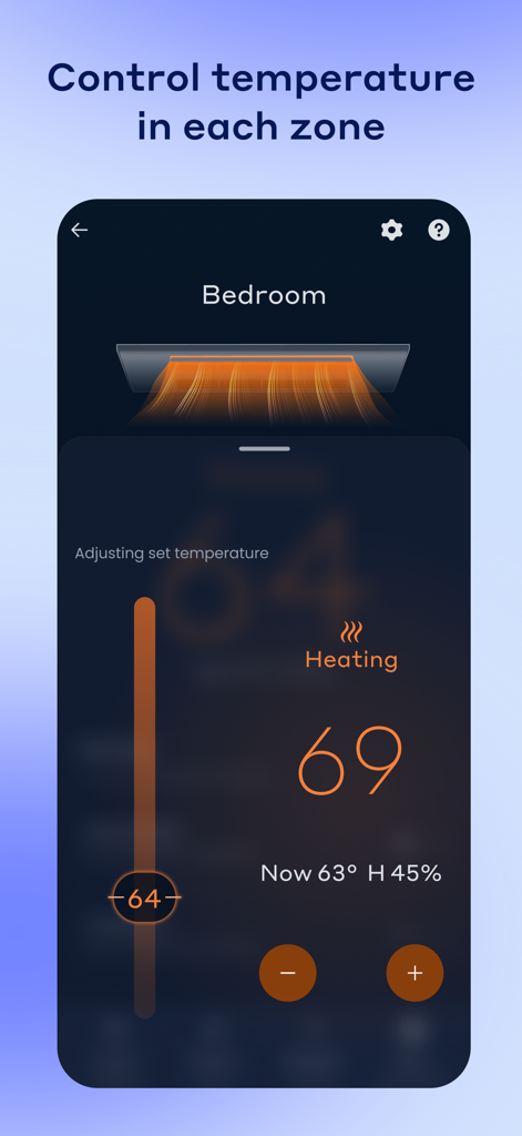 Smartphone interface of the Comfort by Mitsubishi Electric app showing temperature adjustment for a bedroom zone
