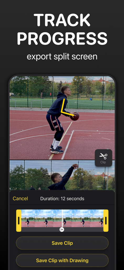 Interface of Coach Video Analysis app showing a split-screen video of a basketball player with angle drawing markup and clip export options