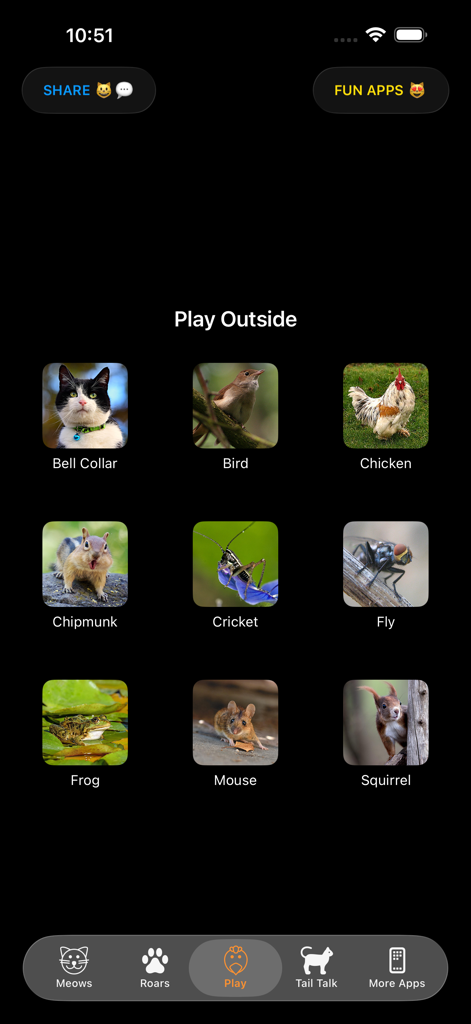 鳥やネズミなど、猫向けの屋外動物の鳴き声のグリッドを表示するCat Sounds and Tail Talkアプリのインターフェイス