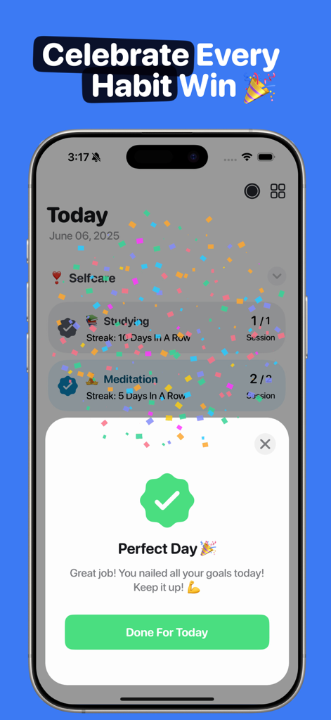 Habit Tracker Rovelist interface showing a perfect day popup with confetti