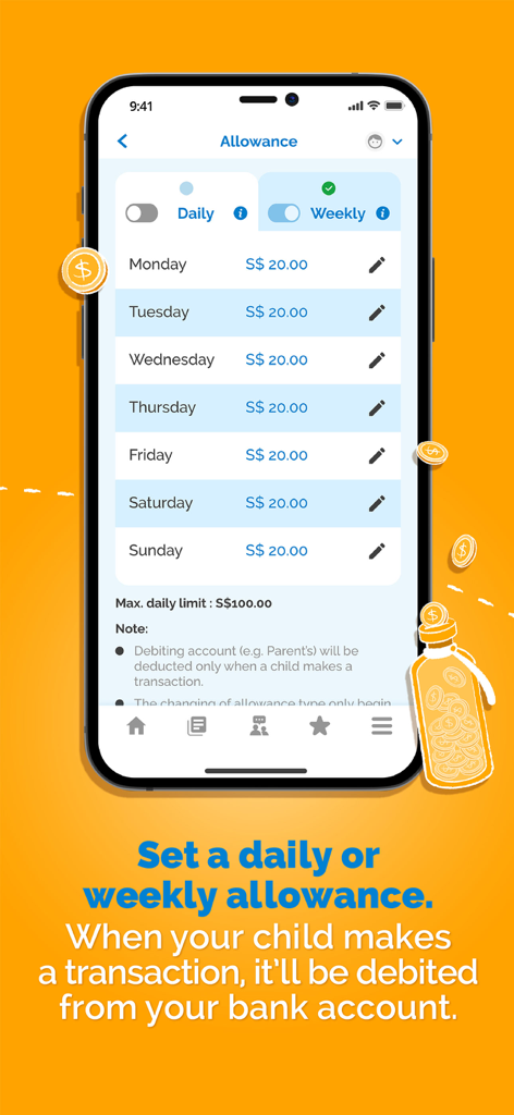 Interfaz de la aplicación POSB Smart Buddy mostrando la pantalla de gestión de la paga con opciones de horario diario y semanal.