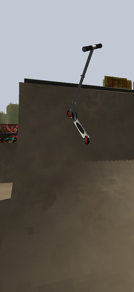 A pro scooter performing a mid air trick above a ramp in a 3D skatepark simulator