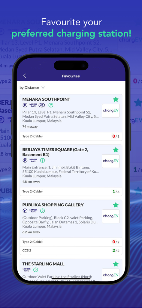 Mobile app interface showing a list of favorite EV charging stations with availability and distance in the chargEV app