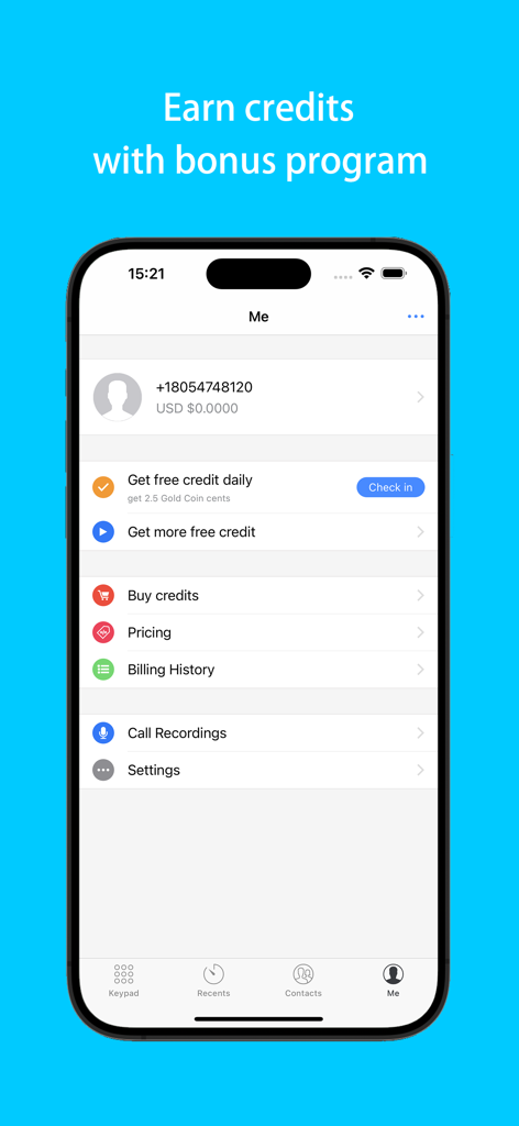 LivePhone app screen showing options to earn free calling credits and manage account settings