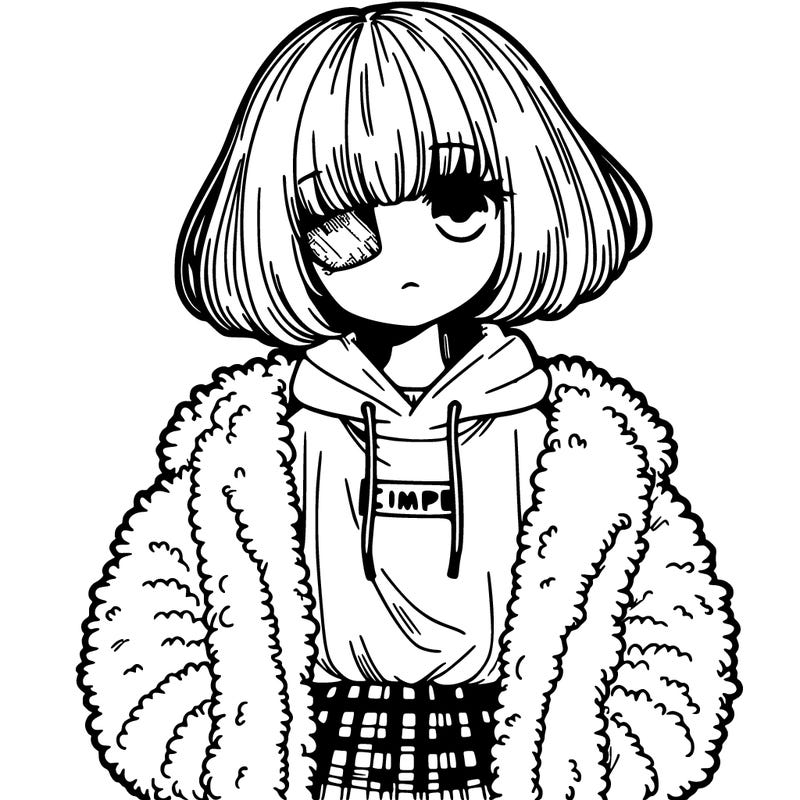 anime girl wearing fluffy jacket with tshirt and bangs covering them one eye