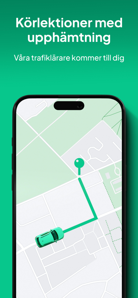 Interfaz de la app Trafiko mostrando la recogida para clases de conducir con un mapa y un icono de coche