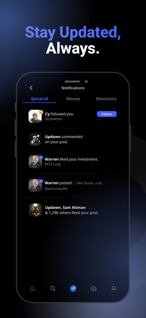 involio - Mobile notification interface of the Involio app displaying social interactions and trader updates.