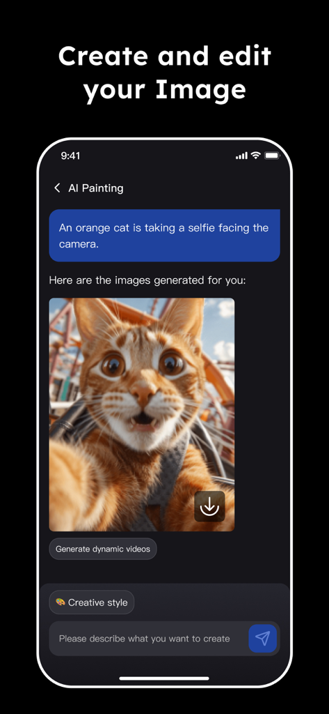 A screenshot of the NanoBlink app interface showing an AI generated image of an orange cat taking a selfie based on a text prompt.