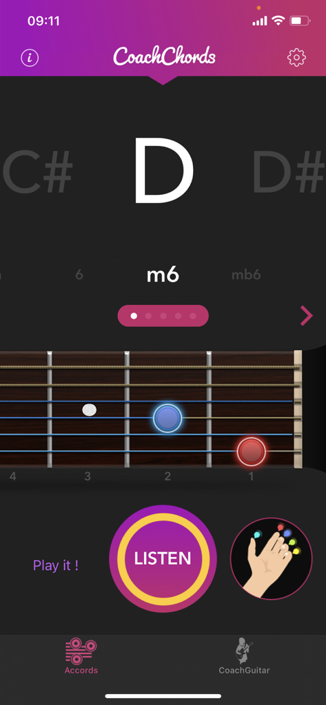 Guitar Chords: Chord ai finder - Interfaz de la aplicación de guitarra Coach Chords que muestra el diagrama del acorde Dm6 con posiciones de dedos codificadas por colores