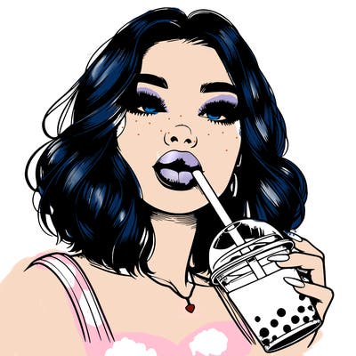 realistic girl with glossy lips holding boba