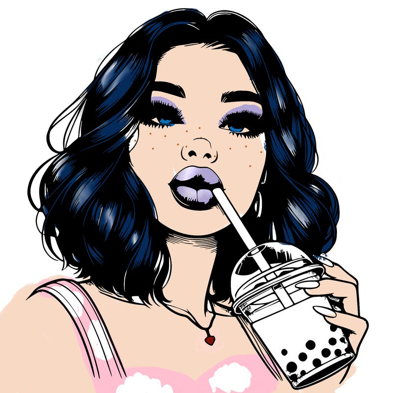 realistic girl with glossy lips holding boba