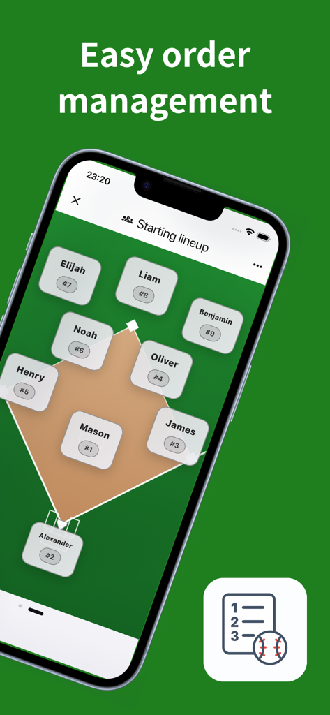 Baseball Lineup Maker - Smartphone screen showing a baseball starting lineup on a field diagram with player names and numbers