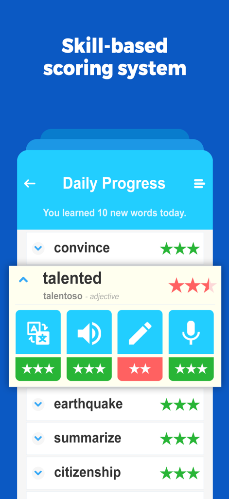 Pantalla de progreso diario que muestra la puntuación basada en habilidades para palabras de vocabulario en inglés, incluyendo talentoso y terremoto