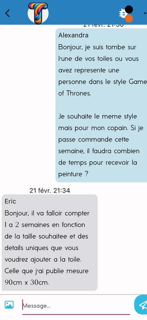 A chat interface in the Thalie app showing a client commissioning a custom Game of Thrones style portrait from an artist.