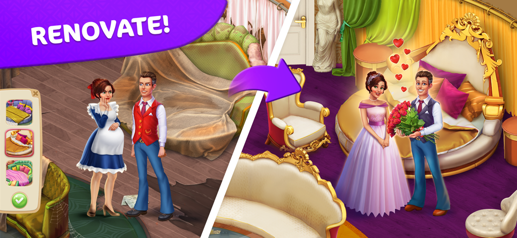 A before and after comparison of a hotel room renovation from messy to luxury in Hidden Hotel Miami Mystery