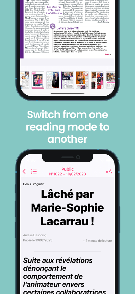 Two mobile screens displaying the Discover Press app with different magazine reading modes and a text-only article view.