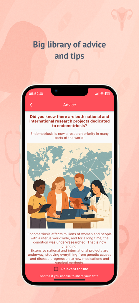 Endometriosis Diary App - Endometriosis Diary App advice section showing an article about global research and medical tips