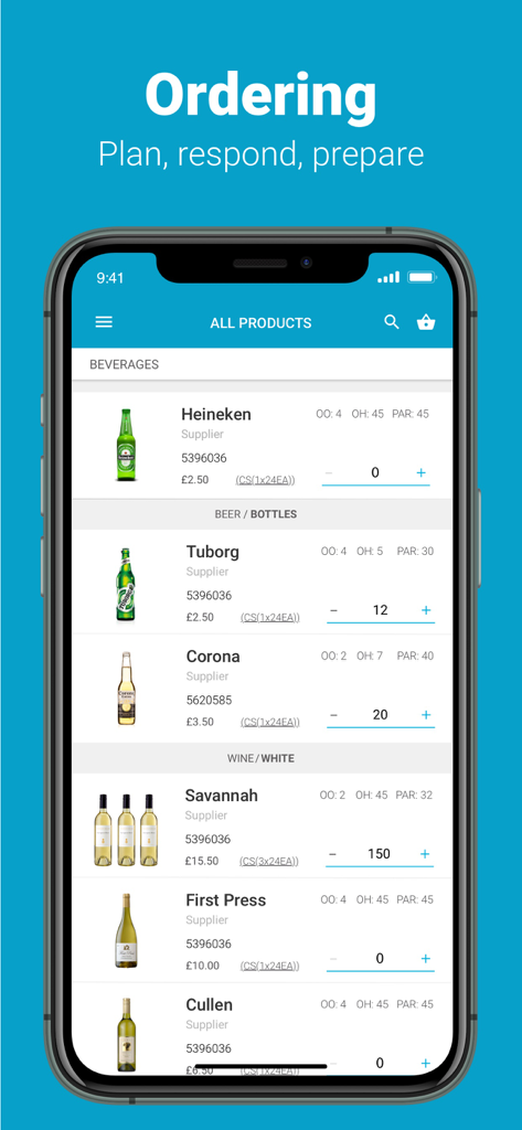Fourth - A mobile interface for the Fourth app showing the beverage ordering and inventory management screen with beer and wine listings.