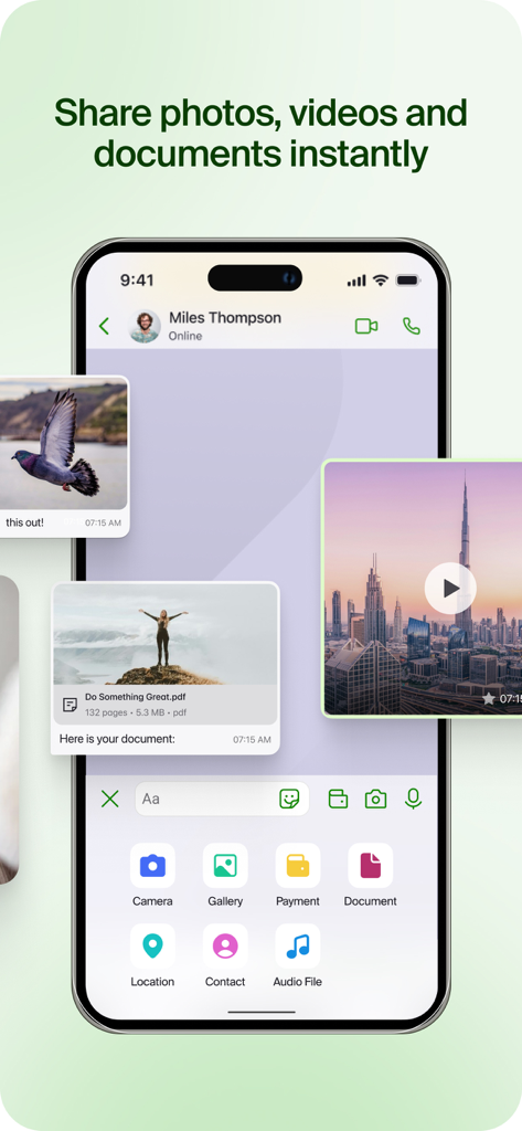 GoChat Messenger app interface showcasing photo video and document sharing in a chat