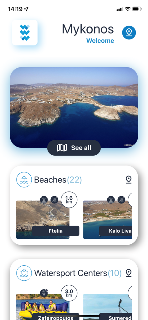 SafeWaterSports - SafeWaterSports app showing beaches and watersport centers in Mykonos Greece