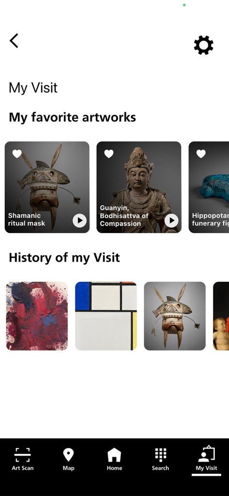 Louvre Abu Dhabi App Mein Besuch Bildschirm mit Lieblingskunstwerken und Besuchshistorie