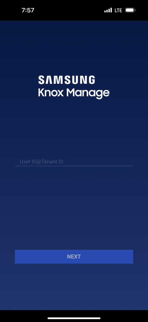 Samsung Knox Manage login interface with input field for User ID and Tenant ID