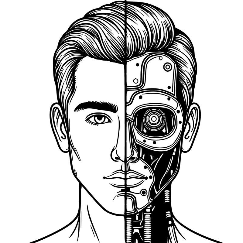 half cyborg half human line down middle realistic