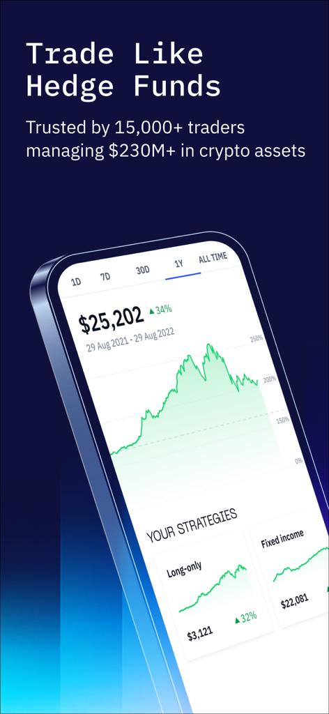 Stoic AI: Crypto Trading Bot - Stoic AI app interface showing a crypto investment portfolio graph and automated trading strategies