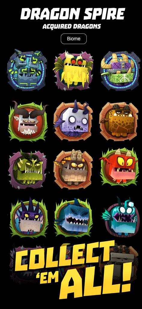 Kingdoms of HF - Dragon War - A collection of colorful and blocky cartoon dragon icons in the Dragon Spire menu with the text Collect Em All