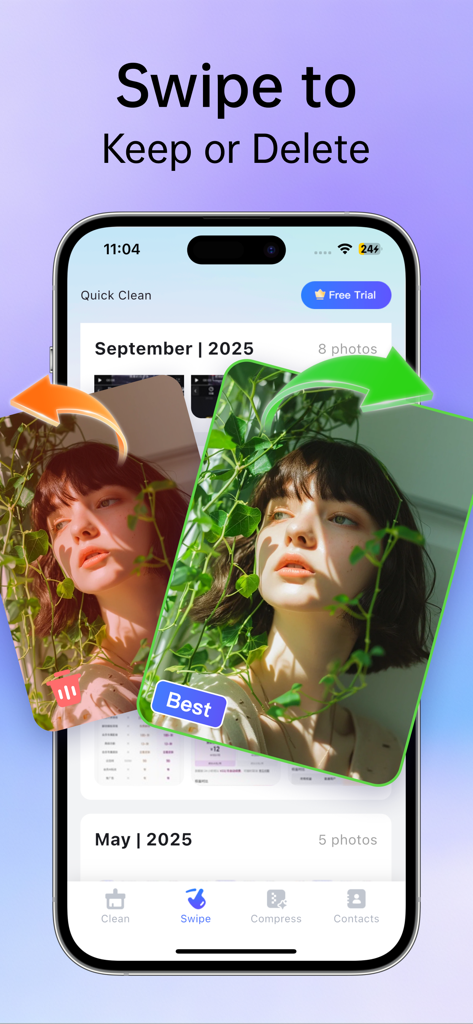 Mobile app interface showing swipe gestures to keep or delete photos with AI best photo suggestions.