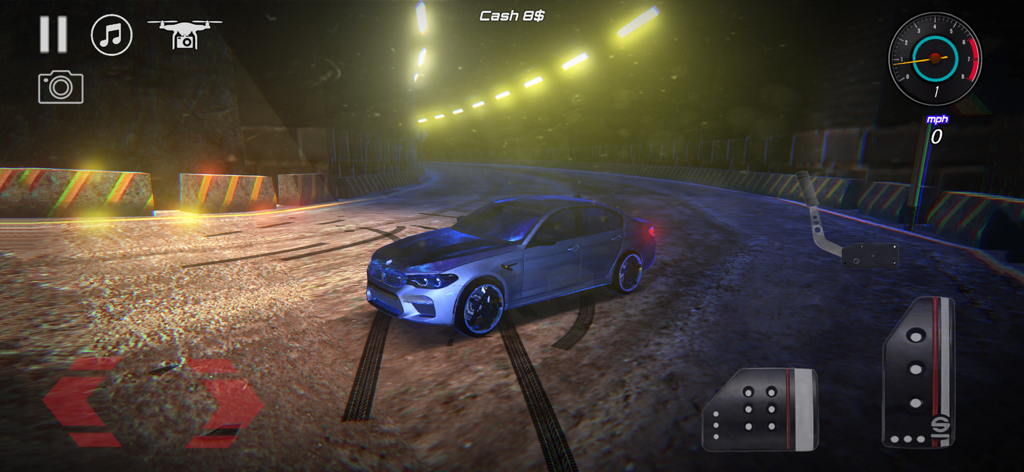 Drift Racing Legends JDM - A silver sports car performing a drift on a night track with visible racing game controls