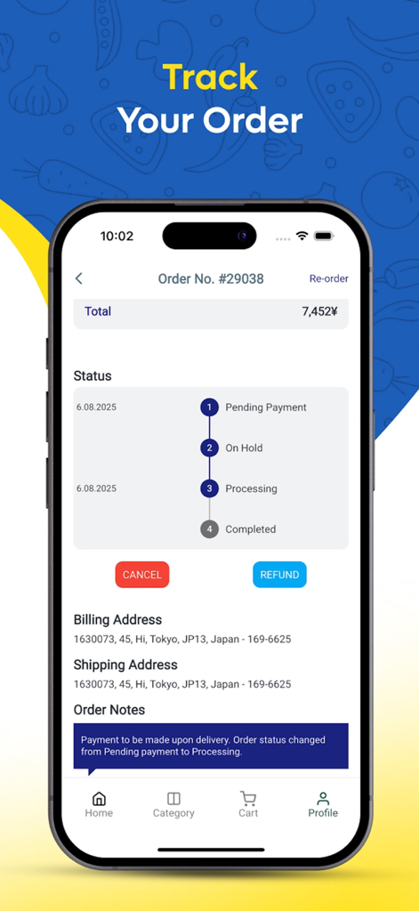 Pantalla de la aplicación móvil que muestra el estado de seguimiento del pedido y la dirección de entrega de un pedido de comestibles en Mini Nepal Shopping.