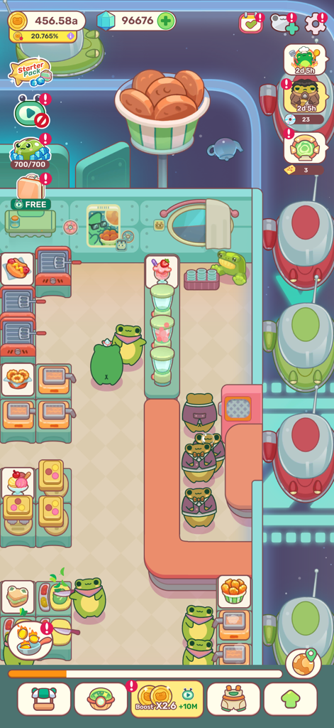 Frogs Kitchen - A top-down view of a whimsical futuristic frog kitchen with cute frog chefs preparing food and customers waiting in line.