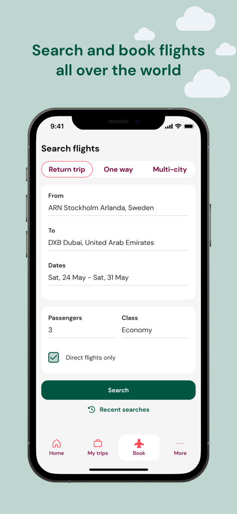 Tela do aplicativo Mytrip mostrando opções de pesquisa de voos de Estocolmo para Dubai para três passageiros