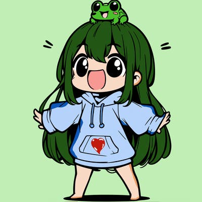 a excited chibi girl whith long hair and a baggy shirt whith a frog on there head