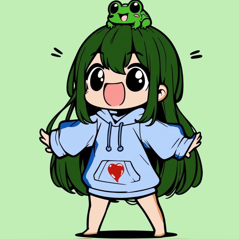 a excited chibi girl whith long hair and a baggy shirt whith a frog on there head