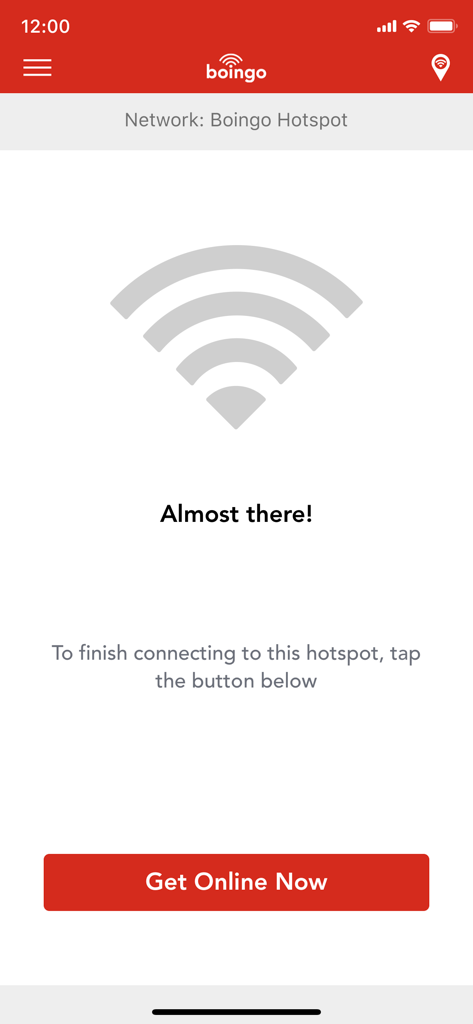 Boingo Wi-Finder - Pantalla de la aplicación Boingo Wi-Finder que muestra un botón Conectarse ahora para finalizar la conexión a un punto de acceso Wi-Fi