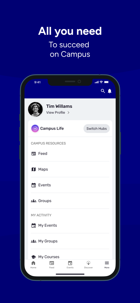 Home-Dashboard der IB Connect App mit Studentenprofil und Campus-Ressourcen wie Veranstaltungen und Karten