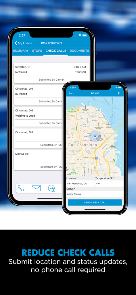 TQL Carrier Dashboard - TQL Carrier Dashboard app interface for submitting check calls and location updates on a map