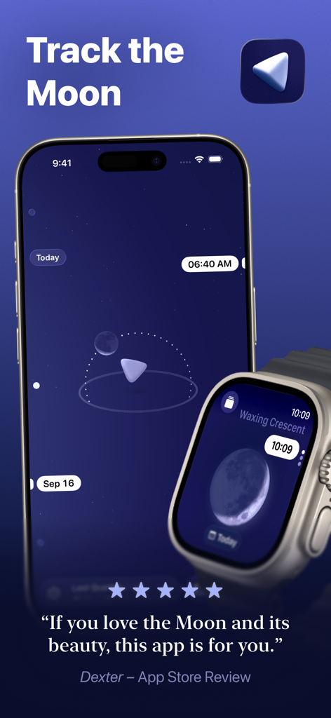 iPhone and Apple Watch showing the Moonlitt app interface for tracking moon phases and celestial paths.